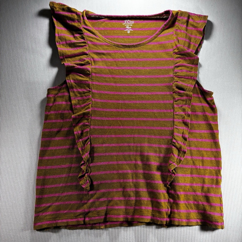 J. Crew Women's Brown/Pink Stripe 100% Linen Ruffled Tank Top Medium